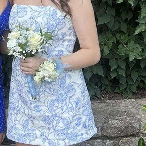 white and blue floral homecoming dress